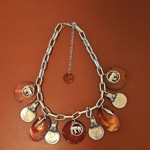 Elephant Charm Necklace in Silver and Brown